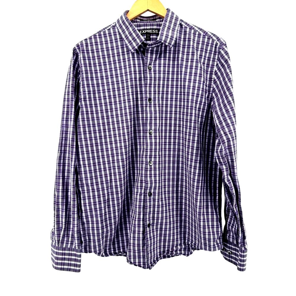 Express Modern Fit Men's Long Sleeve Button Purple Checkered Cotton Shirt–Large